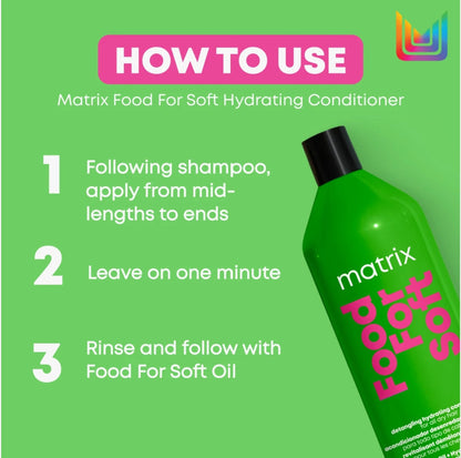 a bottle of matrix food for soft hair conditioner with 3-stpes how to use