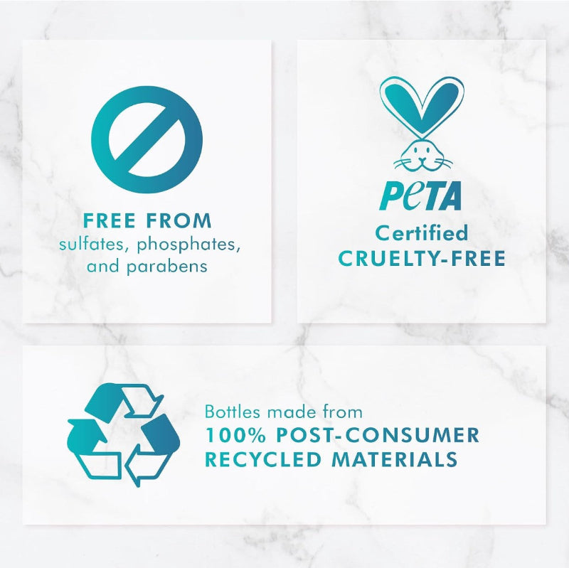 Three white square panels with teal text and icons promoting product sustainability: a no symbol with 'Free from sulfates, phosphates, and parabens,' a PETA Certified Cruelty-Free logo, and a recycling symbol with 'Bottles made from 100% post-consumer recycled materials.'.
