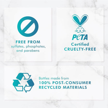 Three white square panels with teal text and icons promoting product sustainability: a no symbol with 'Free from sulfates, phosphates, and parabens,' a PETA Certified Cruelty-Free logo, and a recycling symbol with 'Bottles made from 100% post-consumer recycled materials.'.