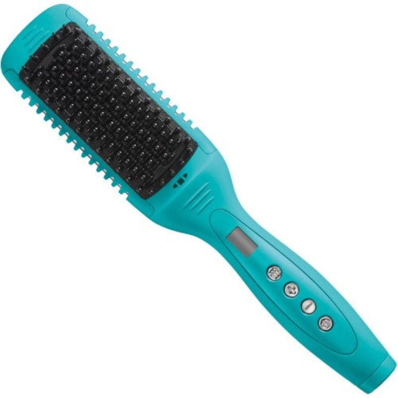 Turquoise hairbrush with black bristle head on a white background from Moroccanoil brand Canada