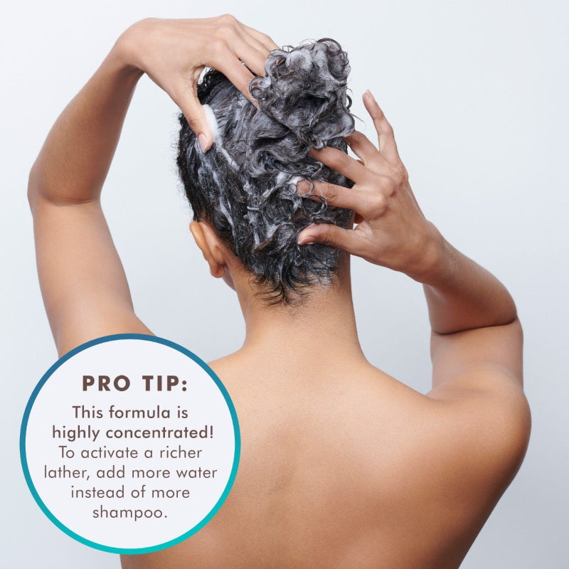 Person applying  Moroccanoil shampoo to their hair with a text overlay providing a pro tip-this formula is highly concentrated.