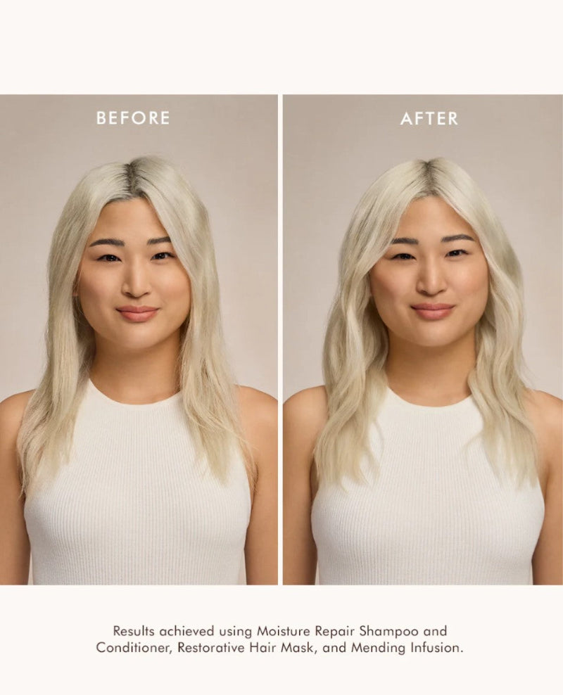 Before-and-after hair comparison of a woman with long platinum blonde hair, showing the results achieved using Moisture Repair Shampoo and Conditioner, Restorative Hair Mask, and Mending Infusion. The model used Moroccanoil haircare products