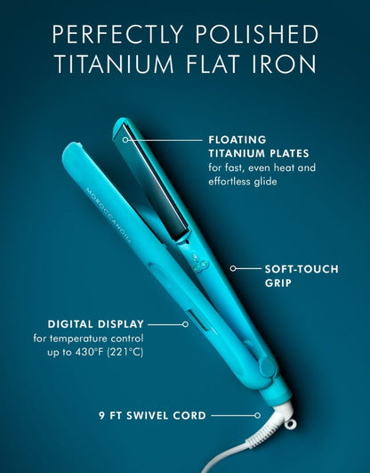 Blue titanium flat iron with features highlighted on a blue background