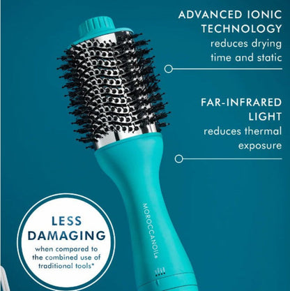A turquoise and silver hot air brush hair dryer shown on a teal background with marketing text highlighting ionic technology, far-infrared light, and reduced damage. A circular badge reads 'LESS DAMAGING when compared to the combined use of traditional tools'.