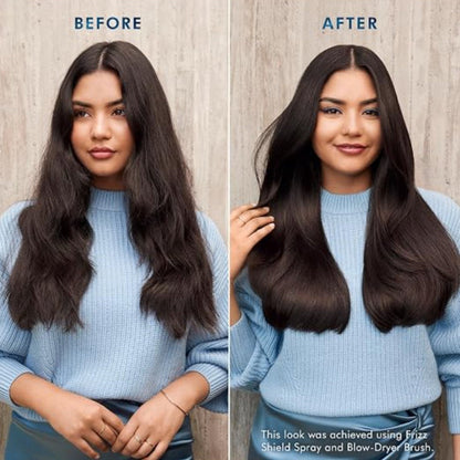 Before and after comparison of a woman with long, wavy, dark brown hair, wearing a light blue knit sweater against a light wood-textured background. The left side is labeled 'BEFORE' and shows frizzy, less defined hair.