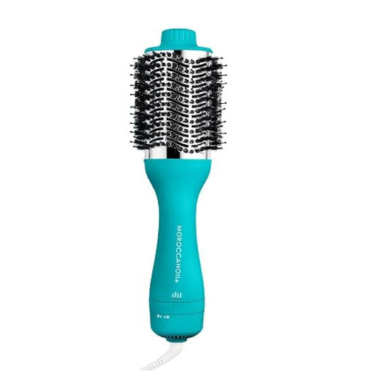 A turquoise and silver hot air brush hair styler with black bristles, shown on a plain white background. The handle features the text 'MORRICONI' and the brand logo 'mi'.