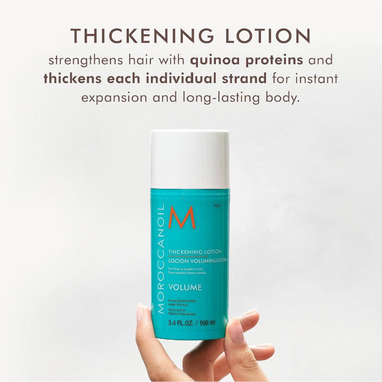 Moroccanoil thickening lotion size 3.4 fl.oz to strengthen hair with quinoa proteins and thicken each individual hair strand for instant expansion and long -lasting body.