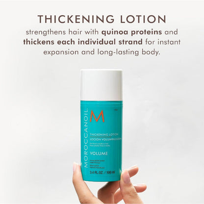 Moroccanoil thickening lotion size 3.4 fl.oz to strengthen hair with quinoa proteins and thicken each individual hair strand for instant expansion and long -lasting body.
