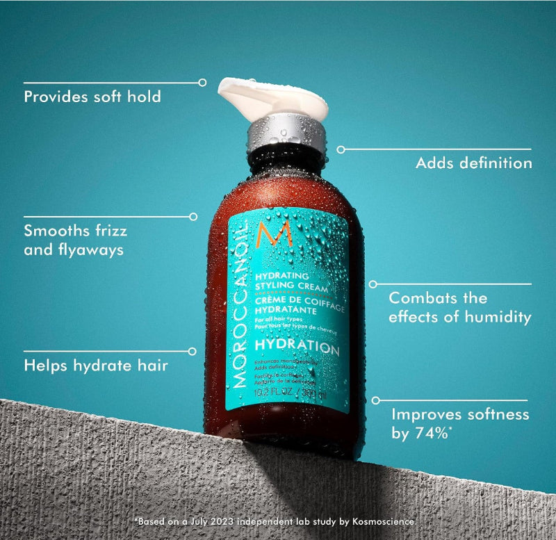 Moroccanoil styling cream bottle with text highlighting product benefits on a blue background
