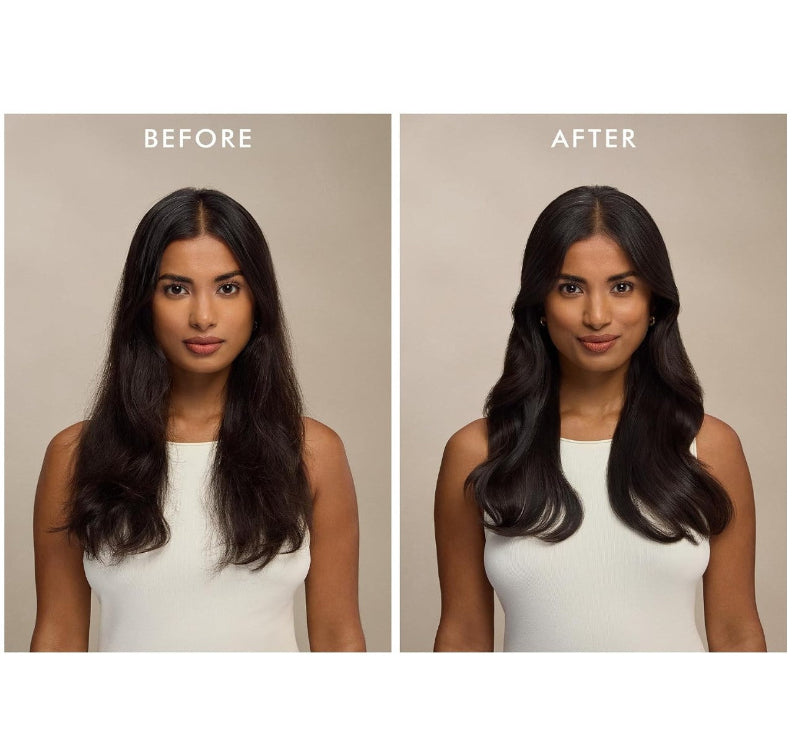 A side-by-side before and after comparison showing a woman with long, dark, wavy hair. The left panel is labeled 'BEFORE' with straighter hair, and the right panel is labeled 'AFTER' with softer, longer, more voluminous waves.