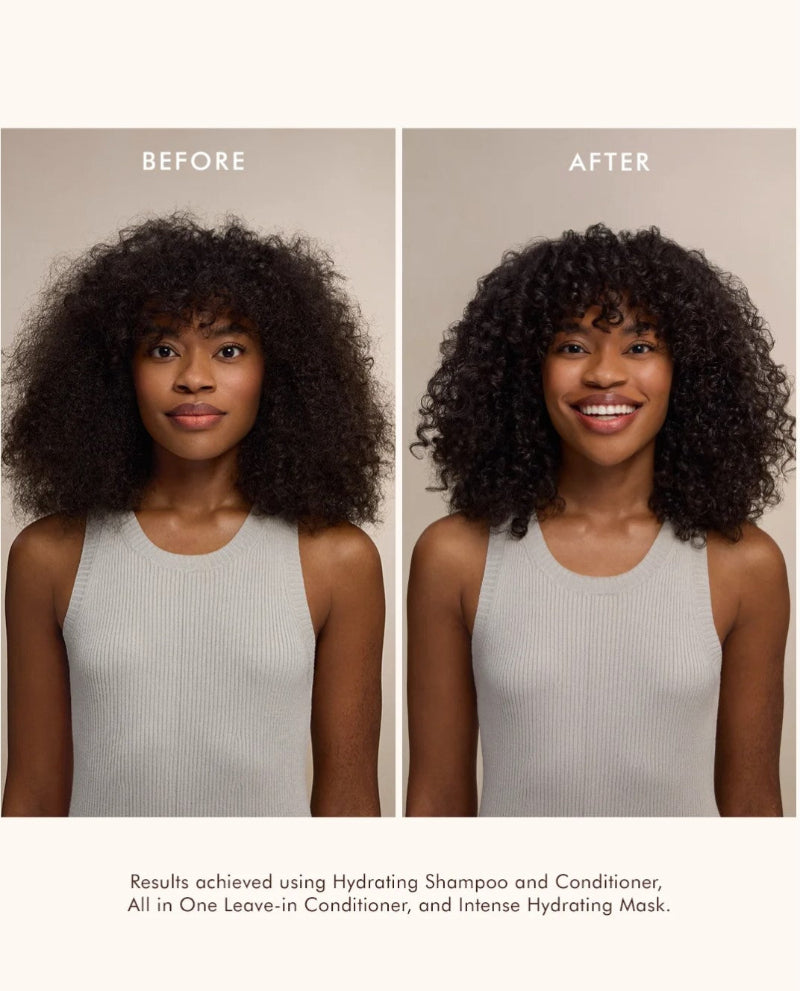 Before-and-after split comparison of a woman with voluminous dark curly hair wearing a light gray ribbed tank top, with text reading BEFORE and AFTER and a product usage note below.