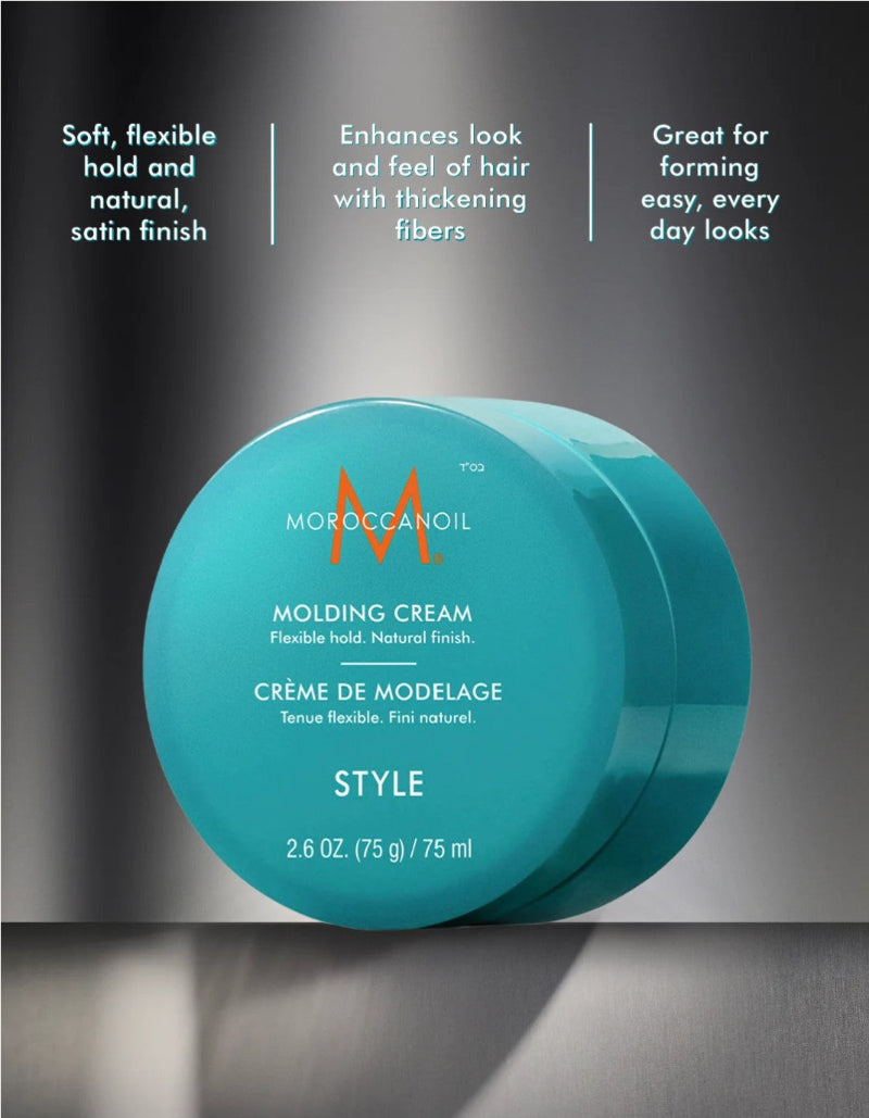 Moroccanoil Style Molding Cream in a teal blue jar, displayed on a dark gray gradient background with promotional text at the top. soft, flexible hold and natural satin finish. Enhances look and feel of hair with thickening fibers. Great for forming easy, every day looks