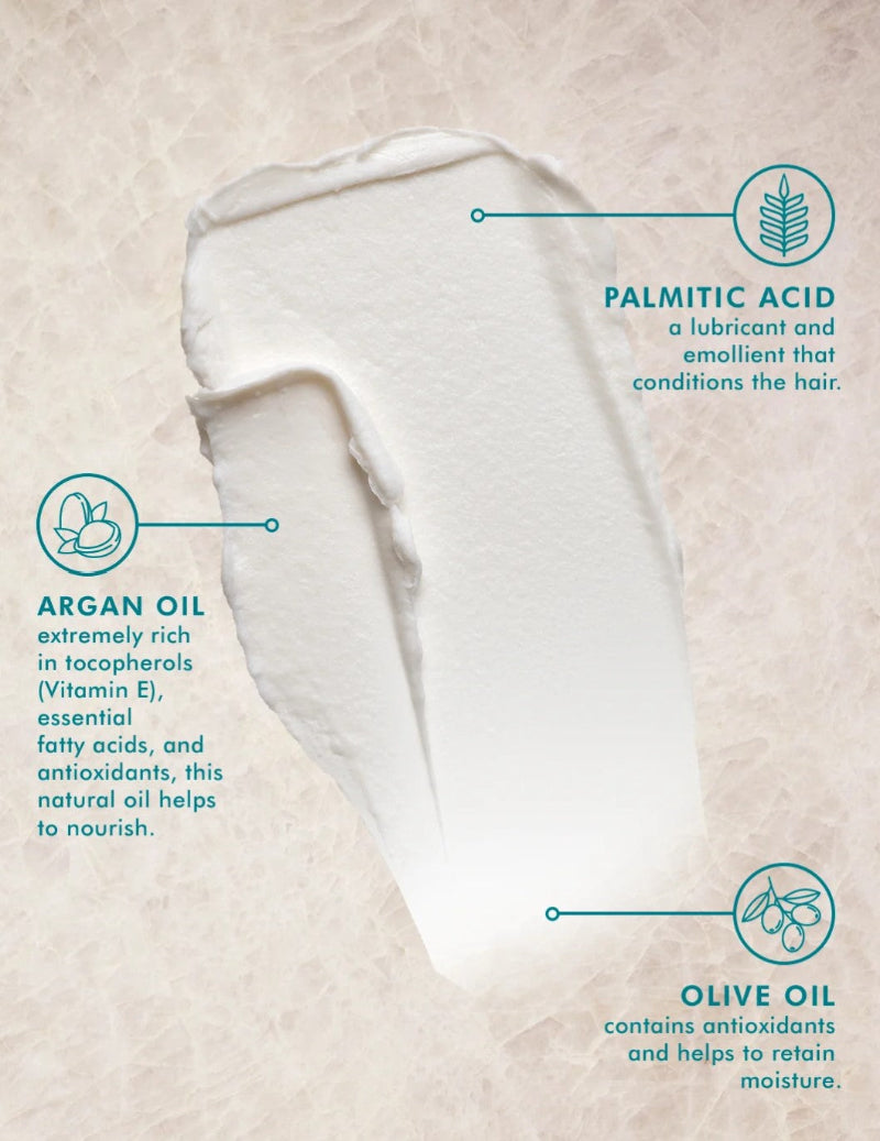 A white hair mask smear from Moroccanoil molding cream on a textured beige background, with teal callout lines and text highlighting ingredients: palmitic acid, argan oil, and olive oil.