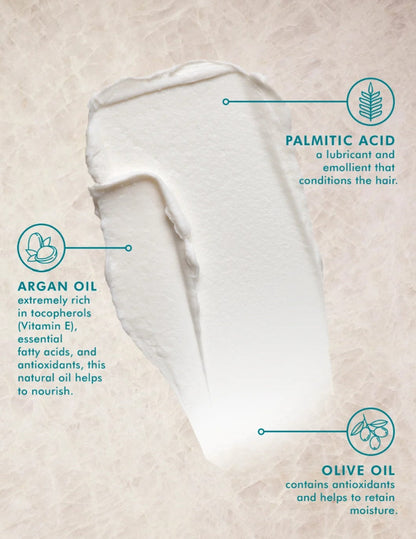 A white hair mask smear from Moroccanoil molding cream on a textured beige background, with teal callout lines and text highlighting ingredients: palmitic acid, argan oil, and olive oil.