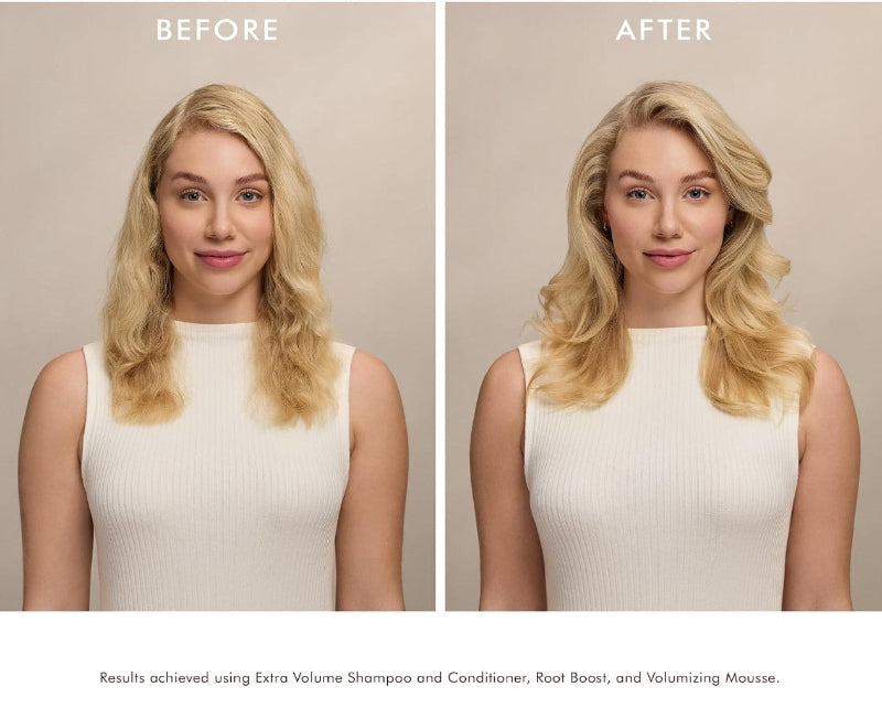 Result showing a woman before and after of using the Moroccanoil volumizing hair mousse showing the full body hair style after use