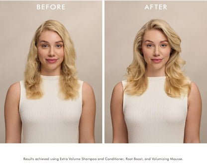 Result showing a woman before and after of using the Moroccanoil volumizing hair mousse showing the full body hair style after use