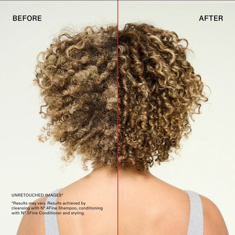 Before and after comparison of curly hair from the back, showing a frizzy, less defined 'before' look on the left and a smoother, more defined 'after' look on the right. The text at the bottom mentions N+4 Fine Shampoo and N+5 Fine Conditioner.