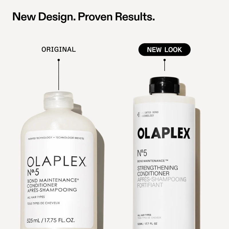 Two white bottles of Olaplex No.5 Bond Maintenance Conditioner shown on a light gray background, labeled 'ORIGINAL' and 'NEW LOOK' with a black cap on the right bottle.