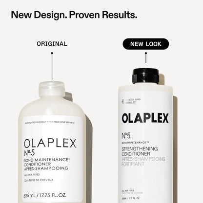 Two white bottles of Olaplex No.5 Bond Maintenance Conditioner shown on a light gray background, labeled 'ORIGINAL' and 'NEW LOOK' with a black cap on the right bottle.