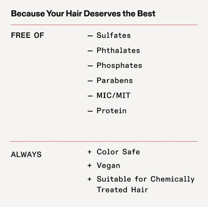 A text-based infographic on a light gray background with the headline 'Because Your Hair Deserves the Best.' It lists product benefits: 'FREE OF' sulfates, phthalates, phosphates, parabens, MIC/MIT, and protein, and 'ALWAYS' color safe, vegan, and suitable for chemically treated hair. this description belongs to Olaplex bonding oil
