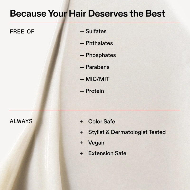 A text-heavy promotional graphic with the headline 'Because Your Hair Deserves the Best' on a warm off-white background with a soft draped fabric texture. The left side lists 'FREE OF' with bullet points for sulfates, phthalates, phosphates, parabens, MIC/MIT, and protein. This information belongs to Olaplex strengthening hair conditioner