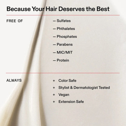 A text-heavy promotional graphic with the headline 'Because Your Hair Deserves the Best' on a warm off-white background with a soft draped fabric texture. The left side lists 'FREE OF' with bullet points for sulfates, phthalates, phosphates, parabens, MIC/MIT, and protein. This information belongs to Olaplex strengthening hair conditioner