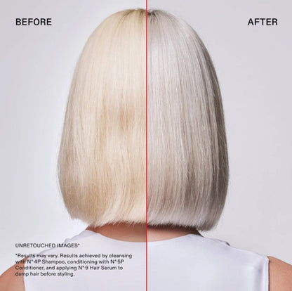 Before and after hair serum results comparison on a person's short blonde bob haircut, viewed from the back against a light gray background.