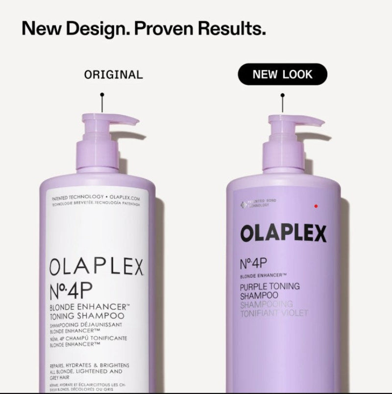 Two pump bottles of Olaplex No. 4P Purple Toning Shampoo shown on a light gray background, with the left bottle labeled 'ORIGINAL' and the right bottle labeled 'NEW LOOK'.