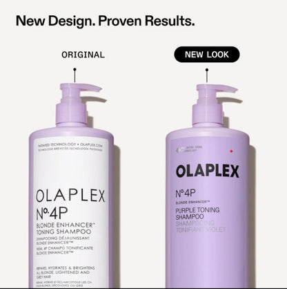Two pump bottles of Olaplex No. 4P Purple Toning Shampoo shown on a light gray background, with the left bottle labeled 'ORIGINAL' and the right bottle labeled 'NEW LOOK'.