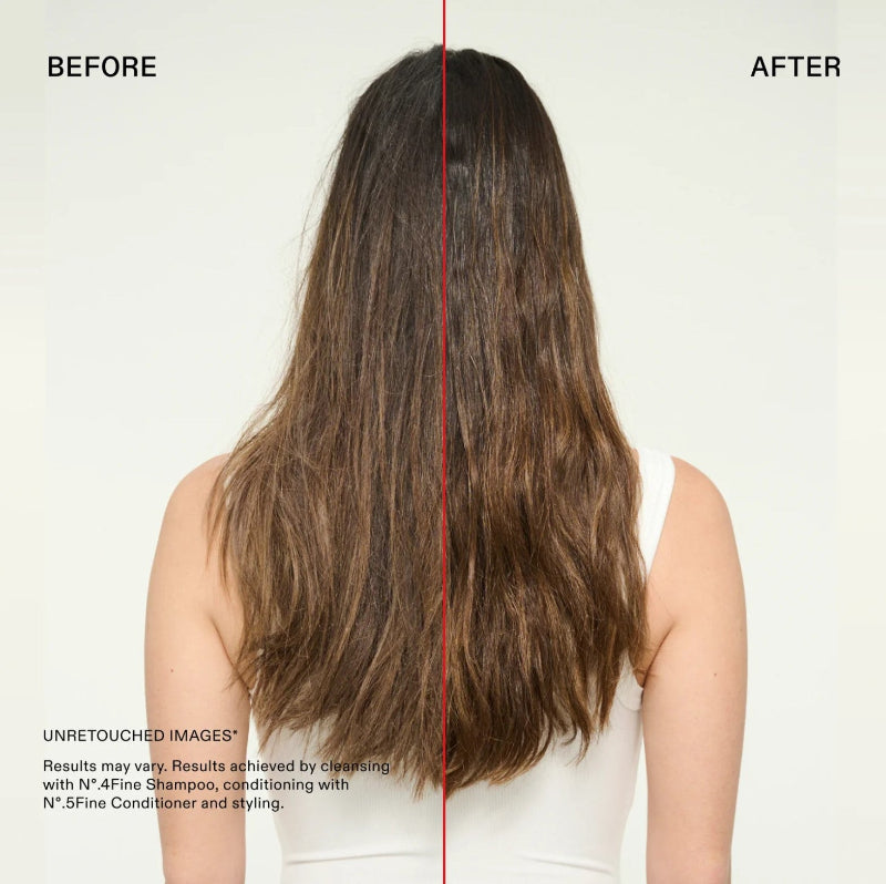 A split-screen before-and-after view of a woman's long brown hair, shown from the back. The left side is labeled BEFORE and appears dry, frizzy, and less defined. The model is using Olaplex volumizing shampoo and conditioner
