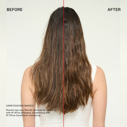 A split-screen before-and-after view of a woman's long brown hair, shown from the back. The left side is labeled BEFORE and appears dry, frizzy, and less defined. The model is using Olaplex volumizing shampoo and conditioner