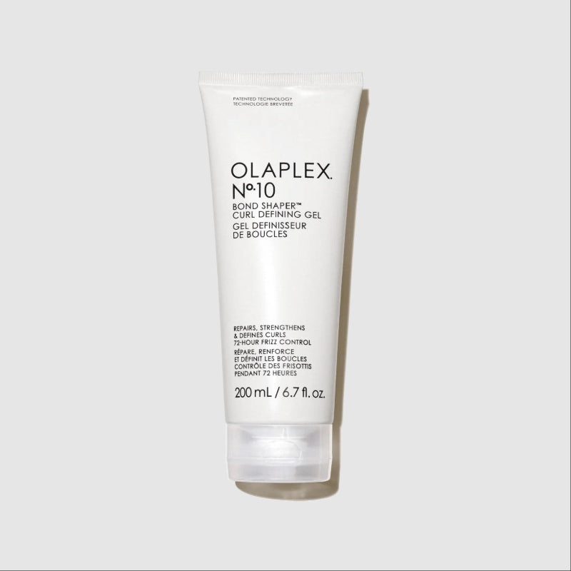 A 200 mL white squeeze tube of Olaplex No. 10 Bond Shaper Curl Defining Gel, shown against a light gray background.