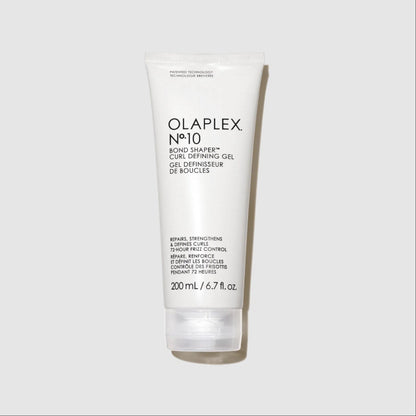 A 200 mL white squeeze tube of Olaplex No. 10 Bond Shaper Curl Defining Gel, shown against a light gray background.