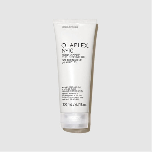A 200 mL white squeeze tube of Olaplex No. 10 Bond Shaper Curl Defining Gel, shown against a light gray background.