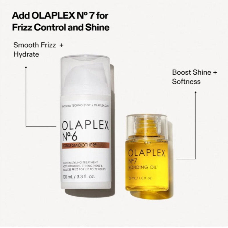 OLAPLEX No. 7 Frizz Control and Shine treatment set on a light gray background, featuring a white bottle of hair smoothing treatment and a clear bottle of golden bonding oil with text callouts.