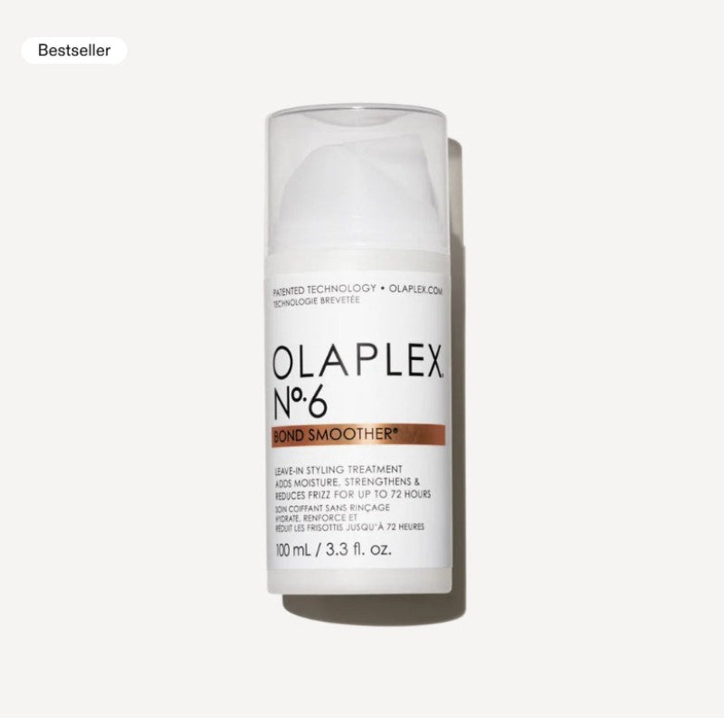 Olaplex No. 6 Bond Smoother in a 100 mL white plastic bottle with a clear cap, shown on a light gray background with a 'Bestseller' label in the top left corner.