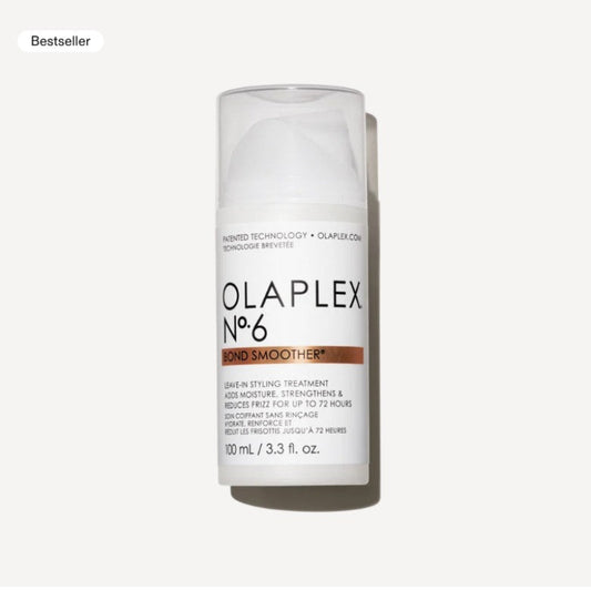 Olaplex No. 6 Bond Smoother in a 100 mL white plastic bottle with a clear cap, shown on a light gray background with a 'Bestseller' label in the top left corner.