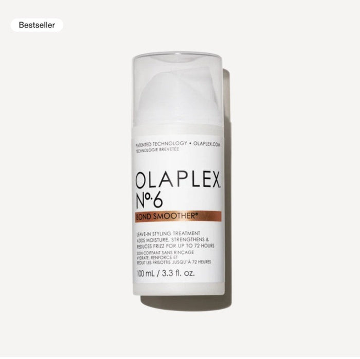 Olaplex No. 6 Bond Smoother in a 100 mL white plastic bottle with a clear cap, shown on a light gray background with a 'Bestseller' label in the top left corner.