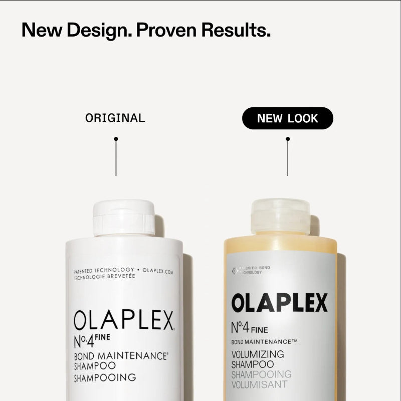 Two bottles of Olaplex No.4 Fine Bond Maintenance Shampoo shown side by side on a light gray background, with text labels indicating the original white bottle and the new look amber bottle.