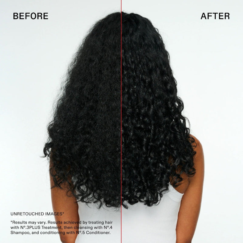 a model showing before and after using best seller Olaplex treatment haircare products with a softer nicer curls