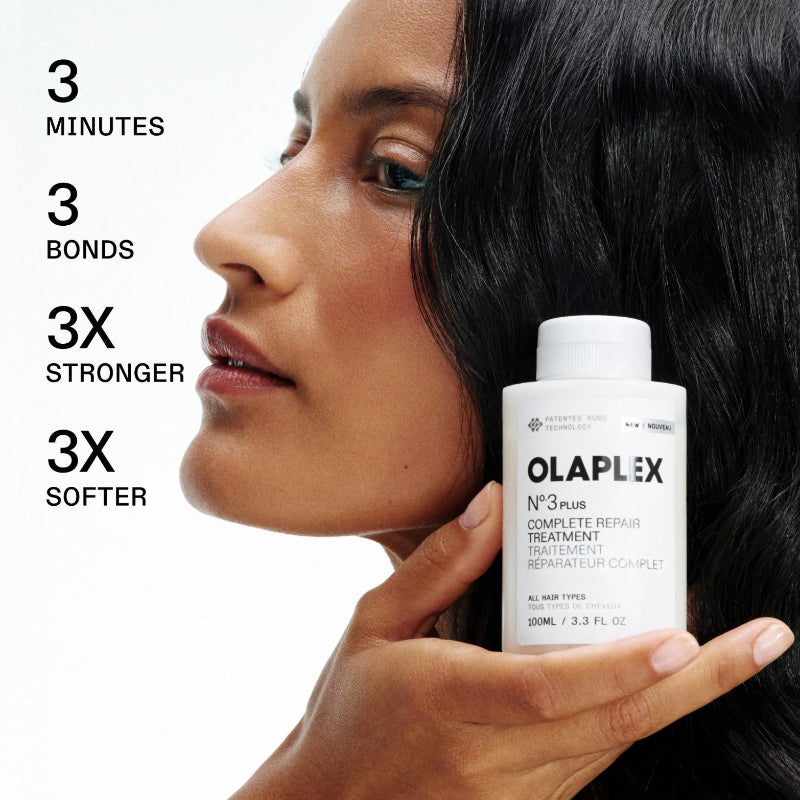 Olaplex N 3 plus complete repair treatment bottle showcasing 3 minutes 3 bonds 3 times stronger 3 times softer hair