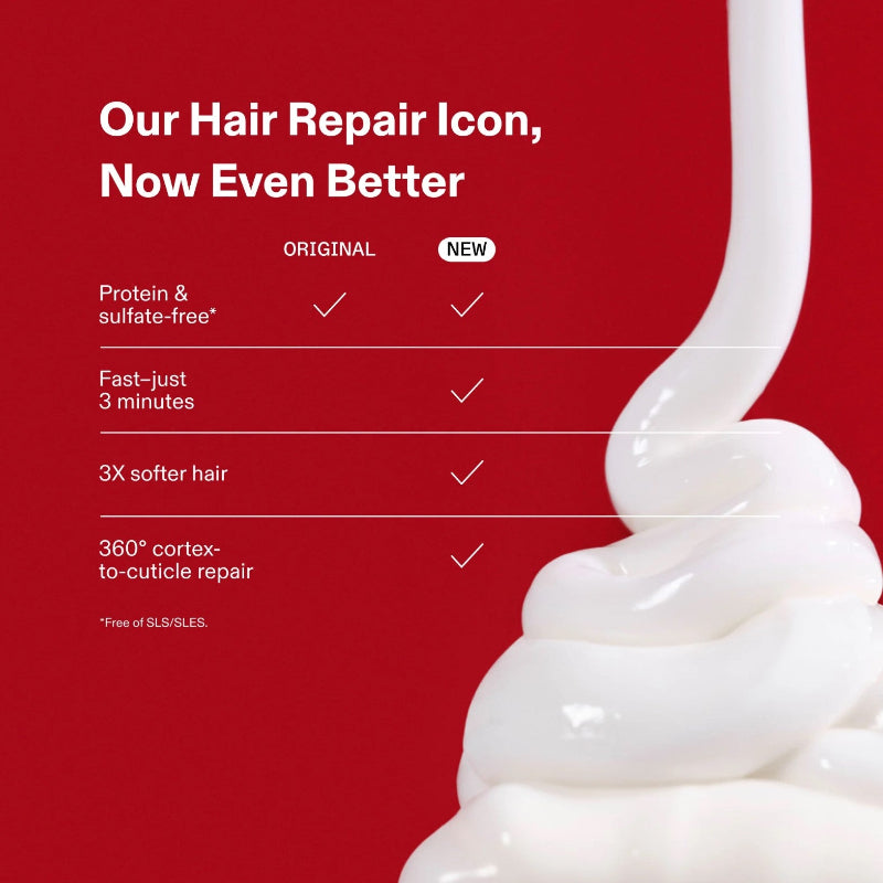 an infographic with a red background showing the benefits of Olaplex N 3 plus complete repair treatment with fast results, softer hair and complete cuticle repair
