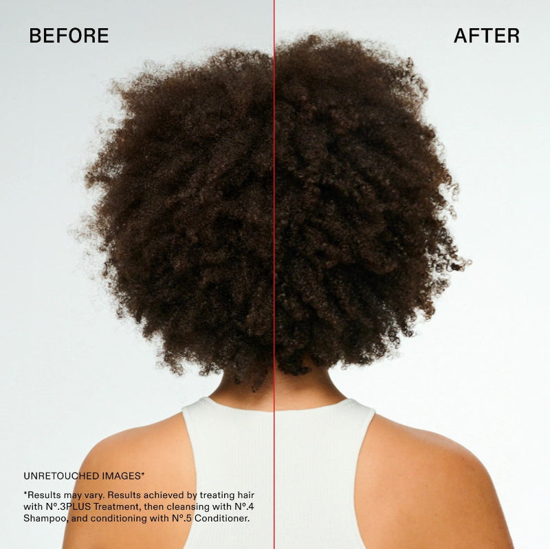 a model having curly hair showing before and after using Olaplex best selling repair treatment, shampoo and hair conditioner for best results