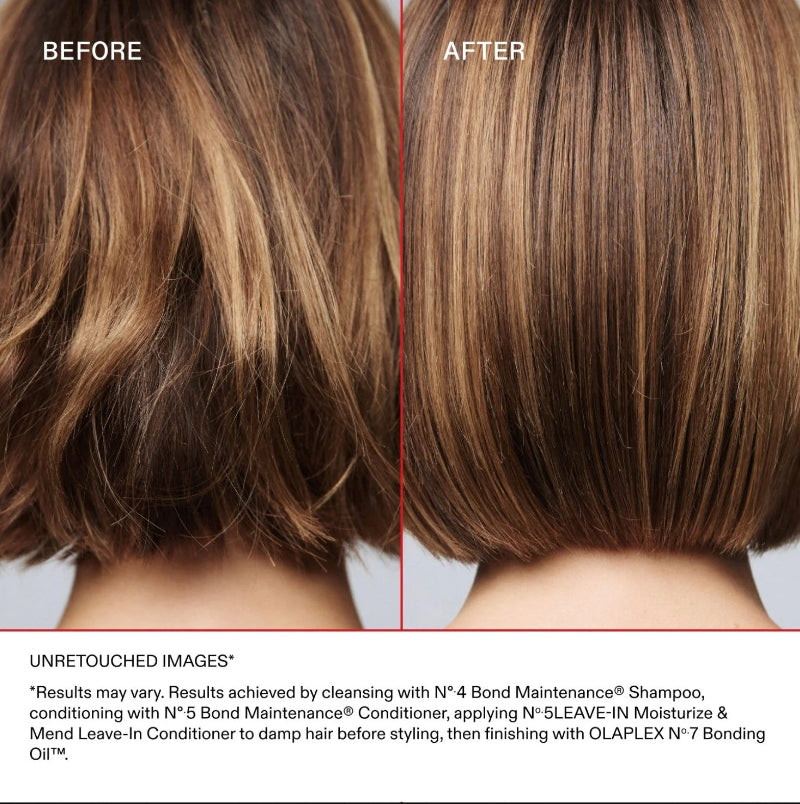 Before and after hair bonding treatment results on a model's brown hair, showing a smoother, straighter, and shinier finish. Includes product text detailing the use of N°4 Bond Maintenance Shampoo, N°5 Bond Maintenance Conditioner, N°-SLEAVE-IN Moisturize & Mend Leave-In Conditioner, and OLAPLEX N°7 Bonding Oil®.