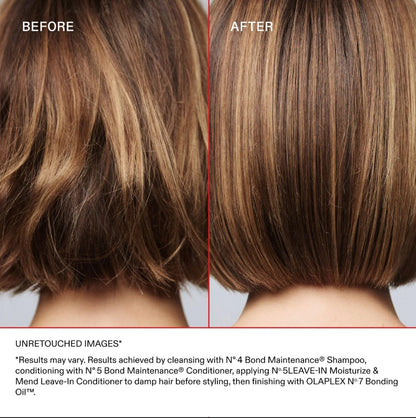 Before and after hair bonding treatment results on a model's brown hair, showing a smoother, straighter, and shinier finish. Includes product text detailing the use of N°4 Bond Maintenance Shampoo, N°5 Bond Maintenance Conditioner, N°-SLEAVE-IN Moisturize & Mend Leave-In Conditioner, and OLAPLEX N°7 Bonding Oil®.