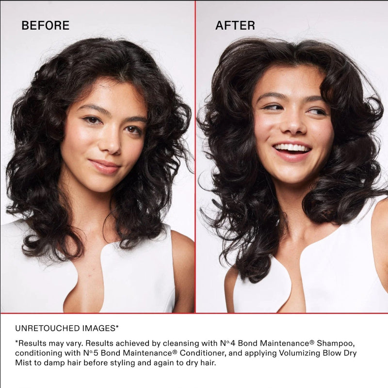 Before and after comparison of a woman's hair with text about bond maintenance products and Olaplex volumizing blow dry mist
