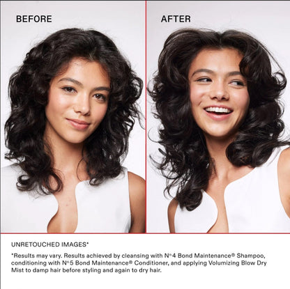 Before and after comparison of a woman's hair with text about bond maintenance products and Olaplex volumizing blow dry mist