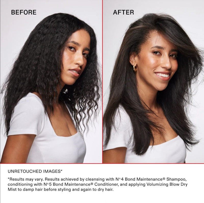Before-and-after hair styling comparison showing a woman with frizzy, defined dark hair on the right compared to frizzy, loose dark hair on the left. Text at the top labels the panels BEFORE and AFTER, and a results disclaimer appears at the bottom. She used Olaplex haircare products