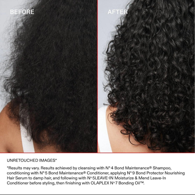Before-and-after hair result comparison showing a close-up of dark curly hair, with the left side labeled BEFORE and the right side labeled AFTER. Text at the bottom describes styling and product ingredients. The model is using Olaplex haircare products 