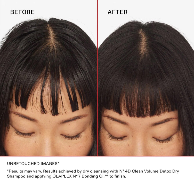 Before and after comparison of hair treatment with Olaplex dry shampoo on a person with black hair.